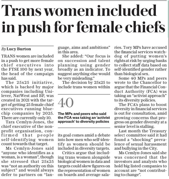 Trans women included in push for female chiefs The Sunday Telegraph17 Mar 2024By Lucy Burton TRANS women are included in a push to get more female chief executives into the FTSE 100 by next year, the head of the campaign has said.  The 25x25 initiative, which is backed by major companies including Unilever, NatWest and BP, was created in 2021 with the target of getting 25 female chief executives running bluechip companies by 2025. There are currently only 10.  Tara Cemlyn-Jones, the chief executive of the nonprofit organisation, confirmed that people self-identifying women count towards that target.  Ms Cemlyn-Jones said “anyone who identifies as a woman, is a woman”, though she stressed that 25x25 was “not an authority on this subject” and would always defer to partners on “language, aims and ambitions” in this area.  She added: “Our focus is on succession and talent planning using gender broadly as an indicator. To suggest anything else would be very misleading.”  The decision by 25x25 to include trans women within its goal comes amid a debate into how men who self-identify as women should be included in diversity targets.  Critics argue that including trans women alongside biological women in data and targets could skew figures on the representation of women on boards and average salaries. Tory MPs have accused the financial services watchdog of putting women’s rights at risk by urging banks to collect staff data based on self-identified gender rather than biological sex.  Some 40 MPs and peers wrote to the Chancellor to argue that the Financial Conduct Authority (FCA) was taking an “activist approach” to its diversity policies.  The FCA’s plans to boost diversity in financial services is out for consultation, amid growing concerns that progress on gender diversity at a senior level is stalling.  Last month the Treasury select committee said it had found a “shocking” prevalence of sexual harassment and bullying in the City.  Ms Cemlyn-Jones said she was concerned that the investors and analysts who hold big listed companies to account are “not contributing to change”.  40 The MPs and peers who said the FCA was taking an ‘activist approach’ to diversity policies  Article Name:Trans women included in push for female chiefs Publication:The Sunday Telegraph Author:By Lucy Burton Start Page:25 End Page:25