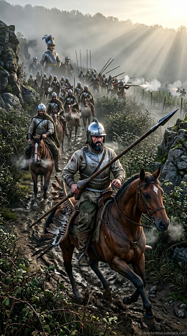 same subject new image please - IMAGE PROMPT FOR HISTORIC REENACTMENT EDUCATIONAL SERIES (Battle of Vienna 1683) Photorealistic 9x16 vertical cinematic shot of Polish hussars marching down foggy Kahlenberg trails at early dawn hyper-realisti_image_1