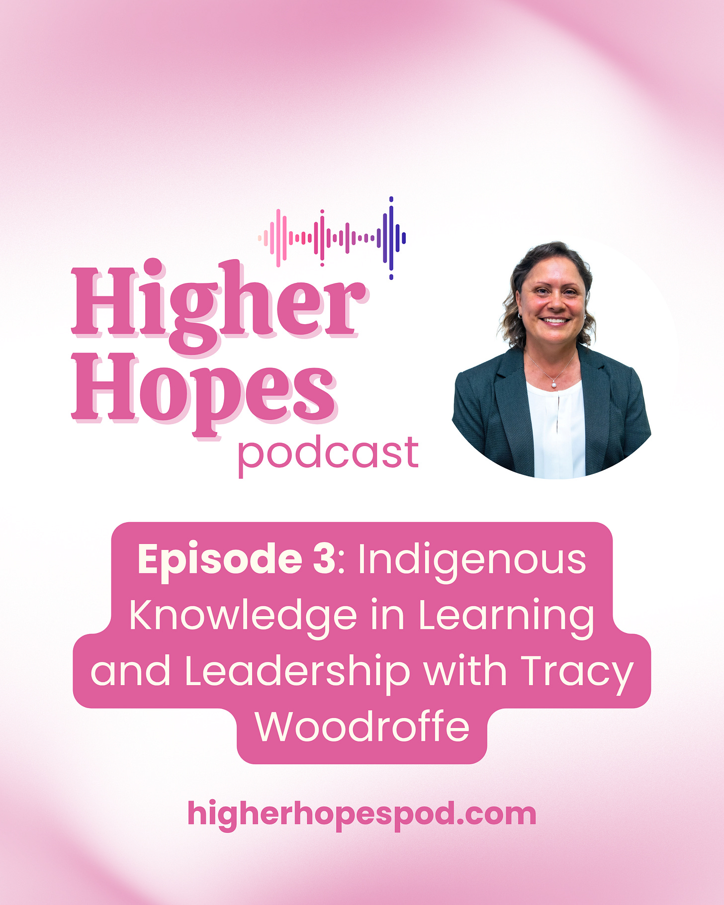 Higher Hopes Podcast logo with title text "Episode 3: Indigenous Knolwedge in Learning and Leadership with Tracy Woodroffe". A headshot of Travey smiling is featured. Higher Hopes Podcast logo with title text "Episode 3: Indigenous Knolwedge in Learning and Leadership with Tracy Woodroffe". A headshot of Travey smiling is featured.