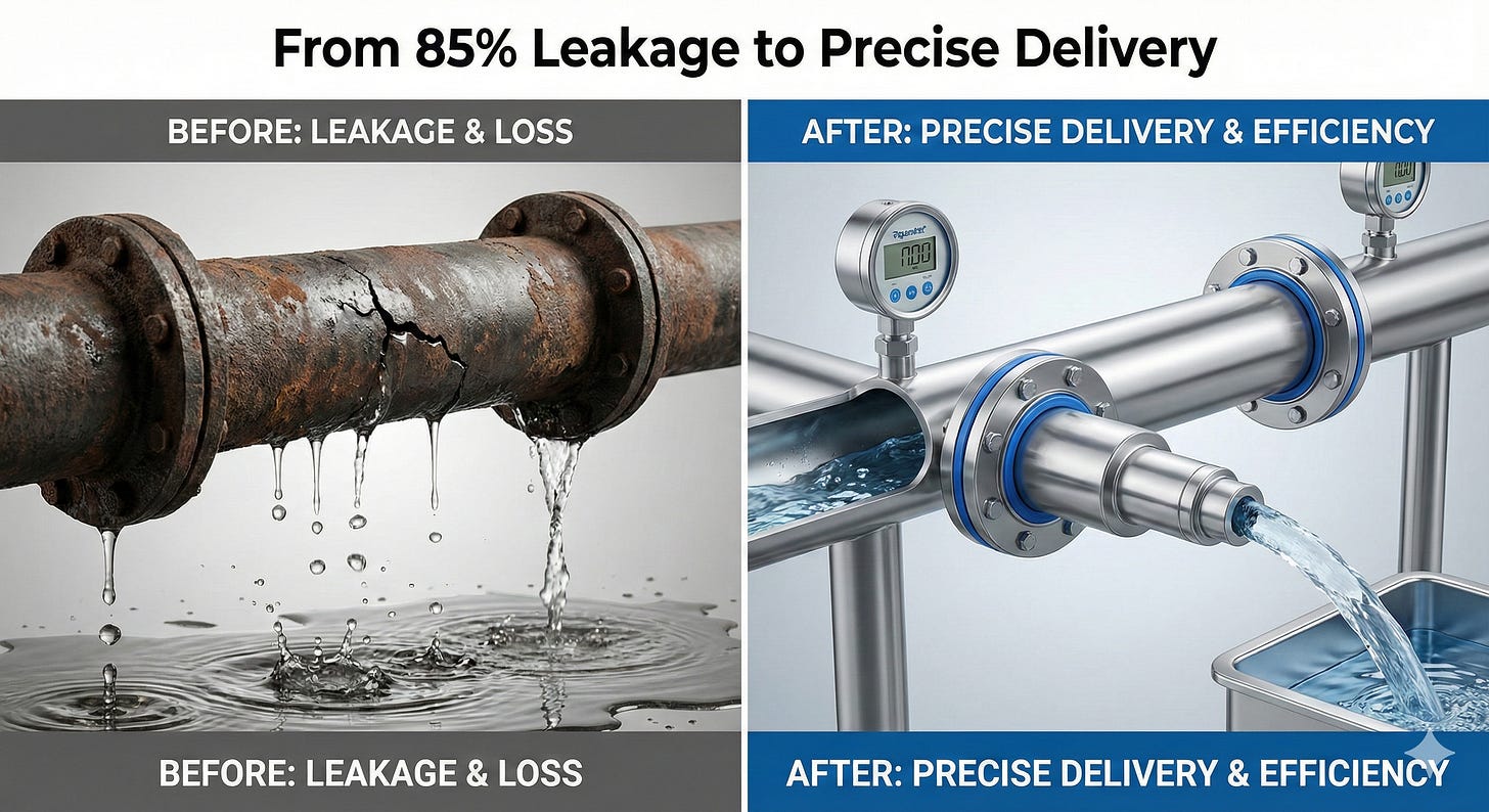 Split comparison showing leaking traditional pipe versus efficient modern pipeline