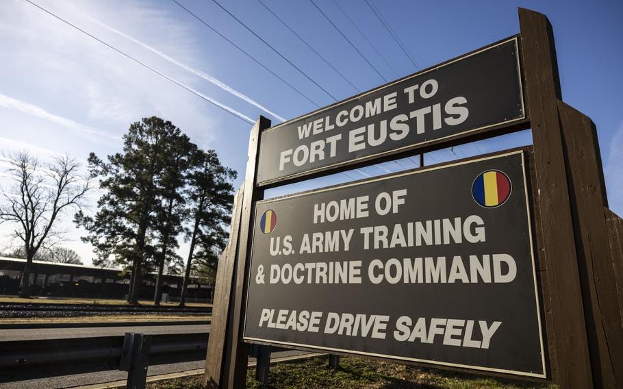 The sign that says Fort Eustis, home of Army Training and Doctrine Command