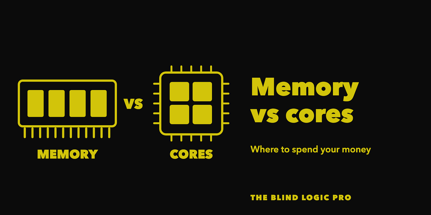 A memory stick labeled Memory and a chip labeled Cores with the word vs between them, with the text Memory vs cores, Where to spend your money. A memory stick labeled Memory and a chip labeled Cores with the word vs between them, with the text Memory vs cores, Where to spend your money.