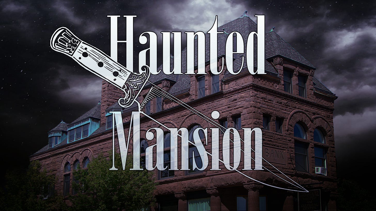 Haunted Mansion title card, with a knife artistically set within the words that loom over a brownstone building in a cloudy background.
