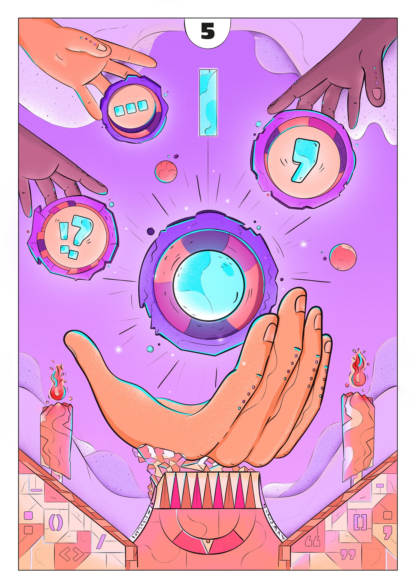 Cooperating hands bring punctuation marks to help build a world of thought in a surrealist style city scape
