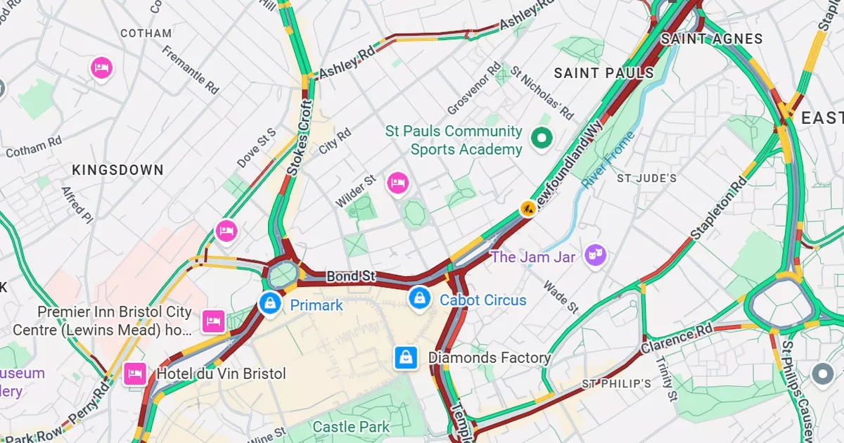 Google Maps traffic view of Bristol city centre showing severe congestion November 15 2025. Dark red lines indicate gridlock on Bond Street near Cabot Circus and Primark, with heavy delays extending through St James Barton Roundabout area. Traffic congestion visible across central Bristol during three-hour gridlock caused by single malfunctioning traffic light at Cabot Circus car park exit. Google Maps traffic view of Bristol city centre showing severe congestion November 15 2025. Dark red lines indicate gridlock on Bond Street near Cabot Circus and Primark, with heavy delays extending through St James Barton Roundabout area. Traffic congestion visible across central Bristol during three-hour gridlock caused by single malfunctioning traffic light at Cabot Circus car park exit.