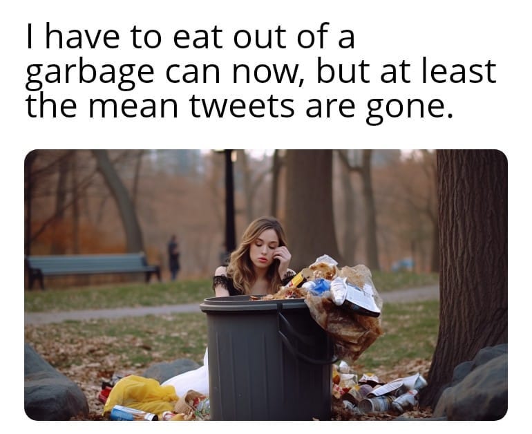 May be an image of text that says 'I have to eat out of a garbage can now, but at least the mean tweets are gone.' May be an image of text that says 'I have to eat out of a garbage can now, but at least the mean tweets are gone.'