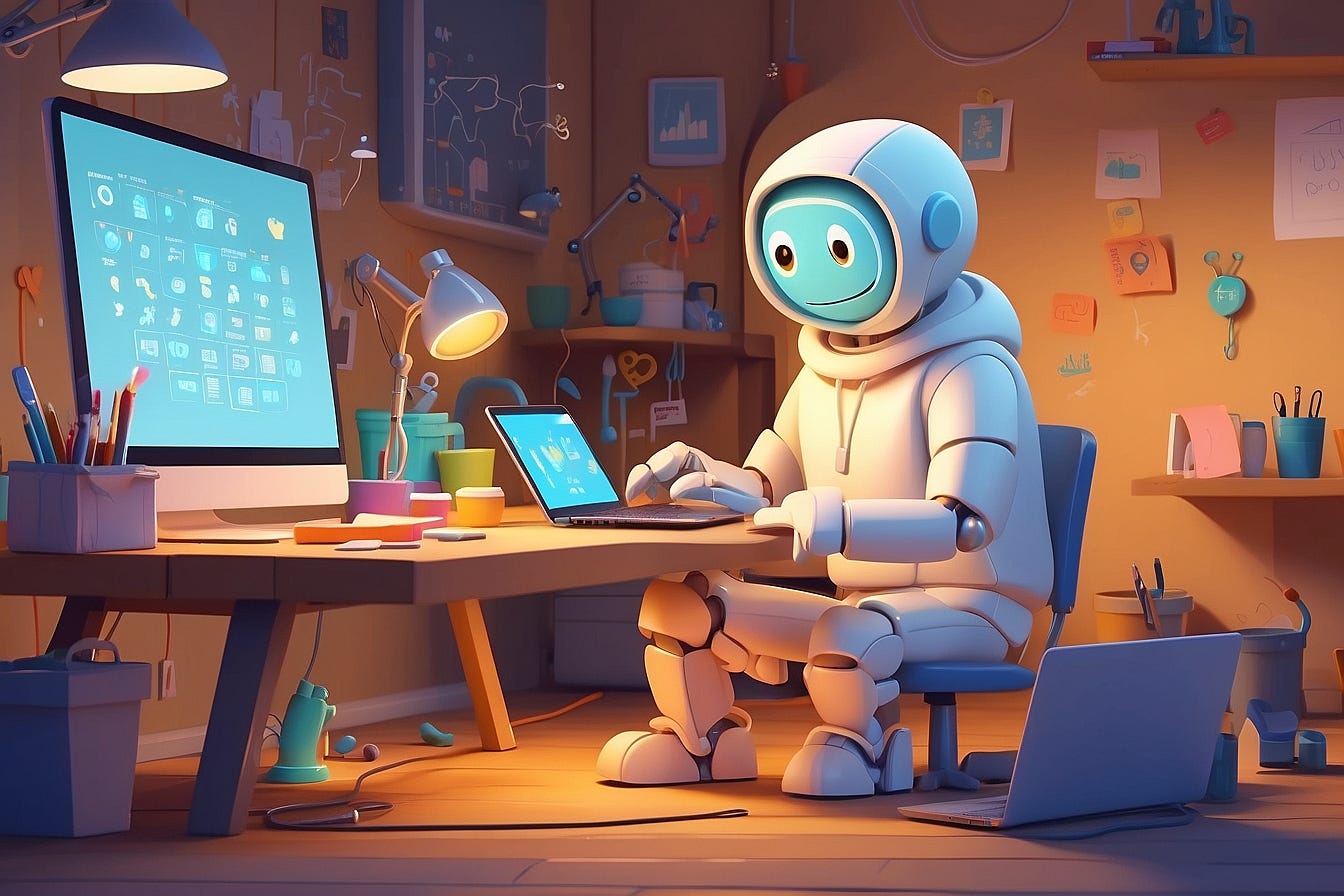 Robot working on a laptop in a small office, dimly lit. Robot working on a laptop in a small office, dimly lit.