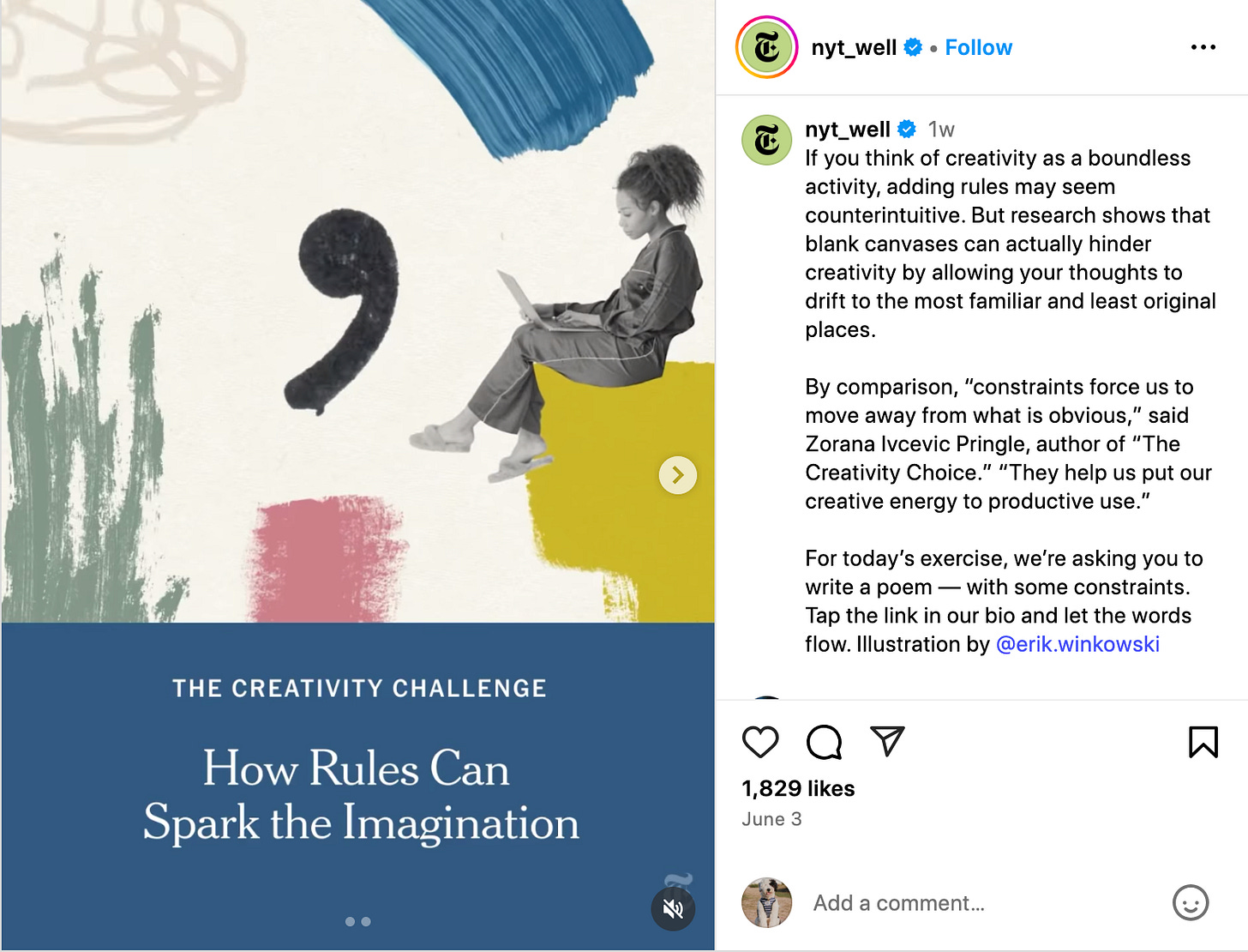 screenshot of @nyt_well creativity challenge post