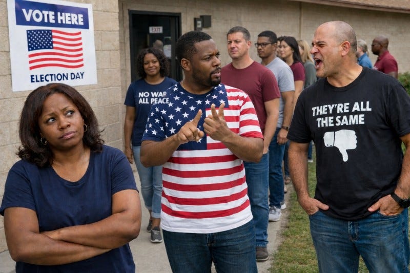 Two men argue in line while others are waiting for Election Day doors to open.