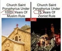 May be an image of text that says ""Judeo-Christian values" am I right? Church Saint Poryphyrius Under 1000+Years 1000+ Years Of Muslim Rule Church Saint Poryphyrius Under 75Years Of Zionist Rule MUSLIM SKEPTIC ml"