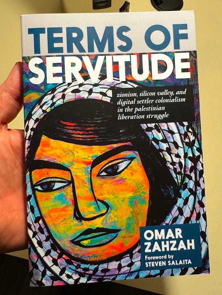 Book: Terms of Servitude by Omar Zahzah, cover is a painting of Leila Khaled Book: Terms of Servitude by Omar Zahzah, cover is a painting of Leila Khaled