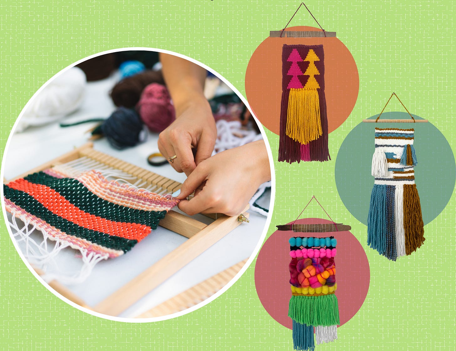 4 different lap loom weavings in bubbles