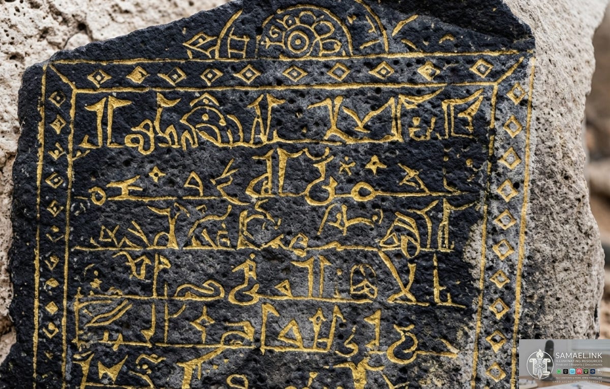 A detailed, macro-style photograph of a rectangular, dark grey or black stone stele with an intricate, deeply carved pattern highlighted in golden pigment. A complex geometric border frames the entire text area. Above the text is a decorative, stylized arched element featuring a central rosette or celestial symbol. The stone itself is rough and porous, heavily textured like lava rock. A very large, smooth, light-grey limestone boulder forms the bottom half of the composition.