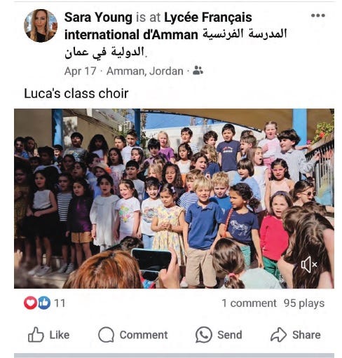 Sara Young's Facebook post shows the children attending school in Amman, Jordan. Sara Young's Facebook post shows the children attending school in Amman, Jordan.