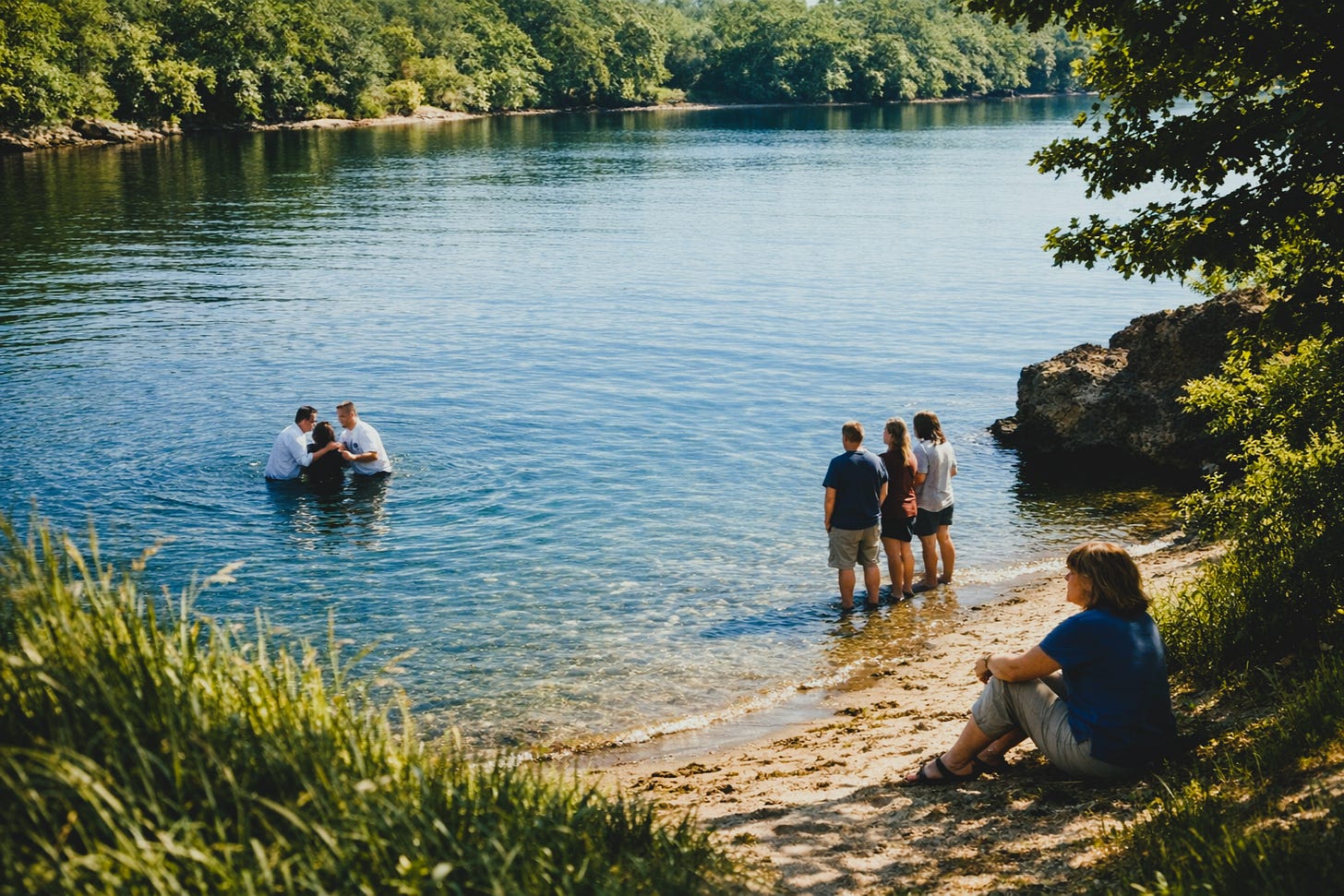 A group watching someone get baptized in the lake while one woman sits, gazing forward