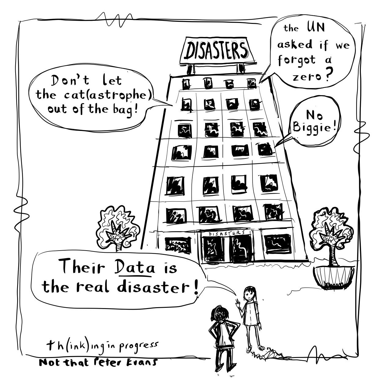 Cartoon of people saying "their data is the real disaster"