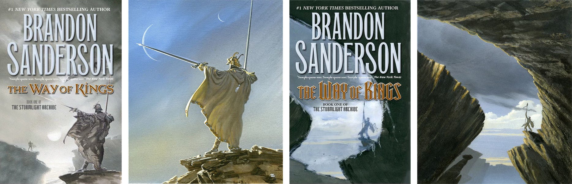 Two sample cover layouts for THE WAY OF KINGS by Brandon Sanderson with text treatment alternating side-by-side with preliminary concepts. The first features a shardbearer extending their blade in salute while holding a standard. The second is an alternate concept from a worms eye view out of the crescent shaped canyon to a figure above lifting their spear in salute.