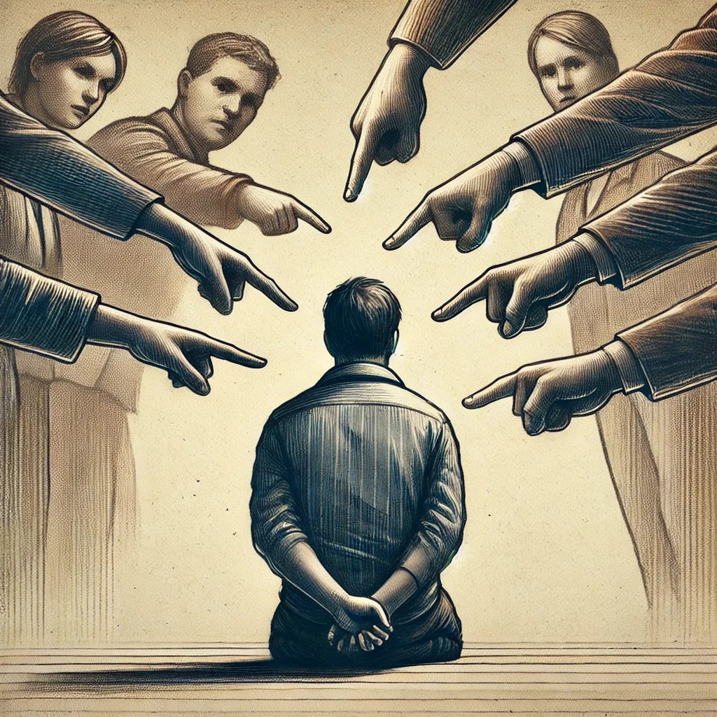 A thought-provoking illustration of a person surrounded by a group, with the group pointing fingers at them in accusation, symbolizing scapegoating. The setting is ambiguous but conveys tension and isolation for the individual. The scene is metaphorical, with muted tones to evoke the seriousness of the subject, emphasizing group dynamics and unfair blame.