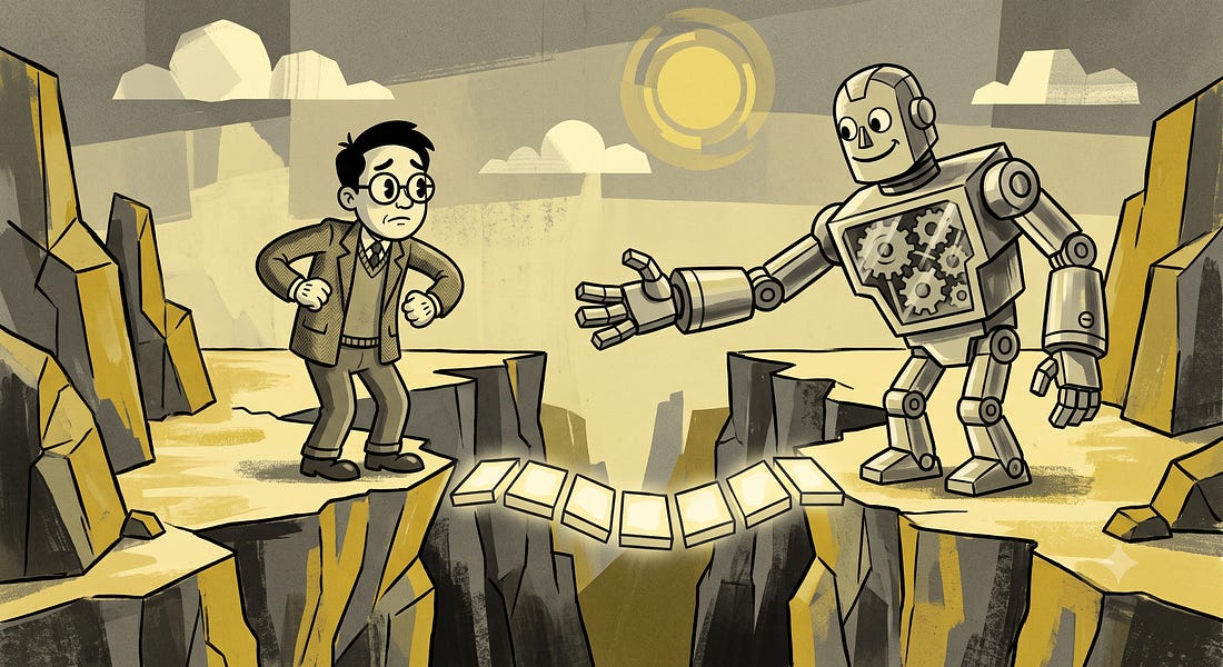Academic standing at a chasm looking apprehensive while a friendly robot stretches out a hand to help him over the chasm Academic standing at a chasm looking apprehensive while a friendly robot stretches out a hand to help him over the chasm