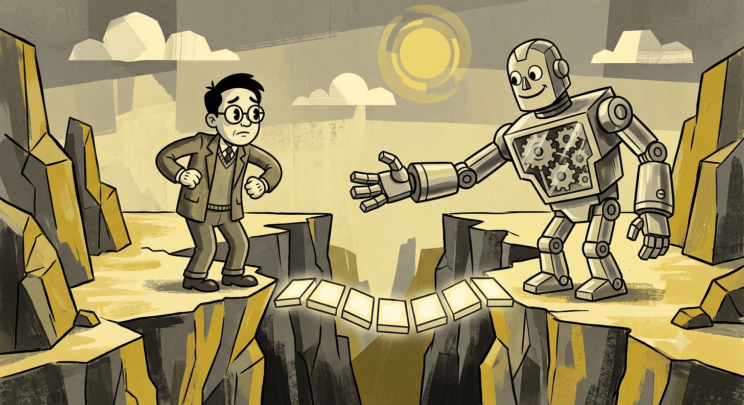 Academic standing at a chasm looking apprehensive while a friendly robot stretches out a hand to help him over the chasm