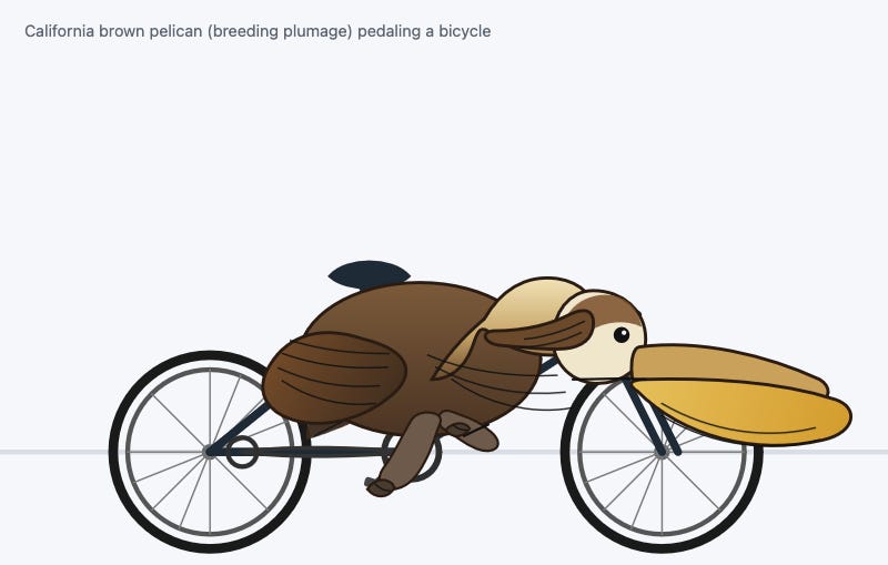 Digital illustration on a light gray/white background with a thin horizontal baseline: a stylized California brown pelican in breeding plumage is drawn side-on, leaning forward and pedaling a bicycle; the pelican has a dark brown body with layered wing lines, a pale cream head with a darker brown cap and neck shading, a small black eye, and an oversized long golden-yellow bill extending far past the front wheel; one brown leg reaches down to a pedal while the other is tucked back; the bike is shown in profile with two large spoked wheels (black tires, white rims), a dark frame, crank and chainring near the rear wheel, a black saddle above the rear, and the front fork aligned under the pelican’s head; text at the top reads "California brown pelican (breeding plumage) pedaling a bicycle". Digital illustration on a light gray/white background with a thin horizontal baseline: a stylized California brown pelican in breeding plumage is drawn side-on, leaning forward and pedaling a bicycle; the pelican has a dark brown body with layered wing lines, a pale cream head with a darker brown cap and neck shading, a small black eye, and an oversized long golden-yellow bill extending far past the front wheel; one brown leg reaches down to a pedal while the other is tucked back; the bike is shown in profile with two large spoked wheels (black tires, white rims), a dark frame, crank and chainring near the rear wheel, a black saddle above the rear, and the front fork aligned under the pelican’s head; text at the top reads "California brown pelican (breeding plumage) pedaling a bicycle".