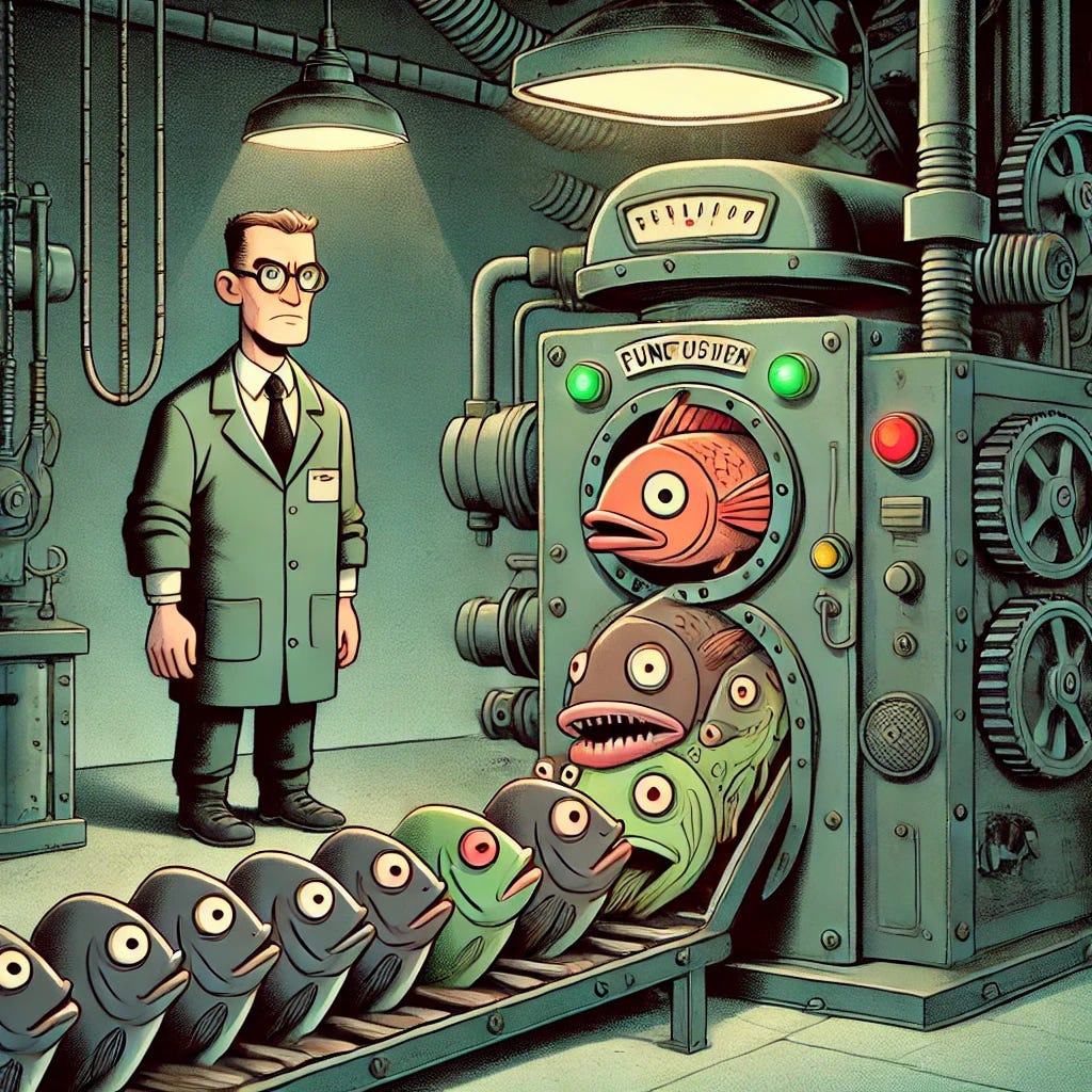 Cartoon-style scene with a dark, slightly sinister tone: a group of serious-looking men in industrial work uniforms are loading large, realistic fish into one side of a heavy, mechanical processing machine. The machine has dark metal casing, exposed gears, and glowing red or green lights. On the other side, completely different fish are coming out—mutated or unnatural cartoon fish with exaggerated features like too many eyes, sharp teeth, odd colors, or strange body shapes. The transformation process appears eerie and unnatural. The setting is a dimly lit, cold industrial facility.