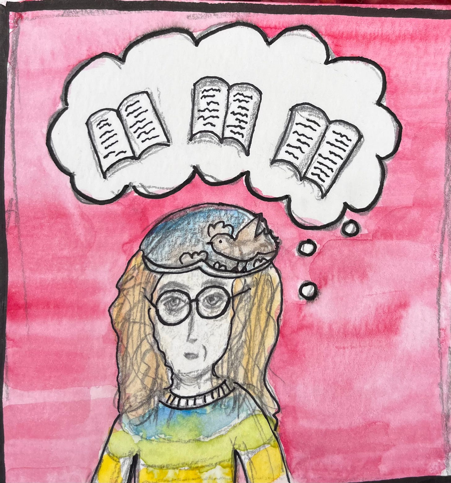 Illustration of a person with glasses and a long face and a bird hat. She's daydreaming about three books. Background is pink watercolor. 