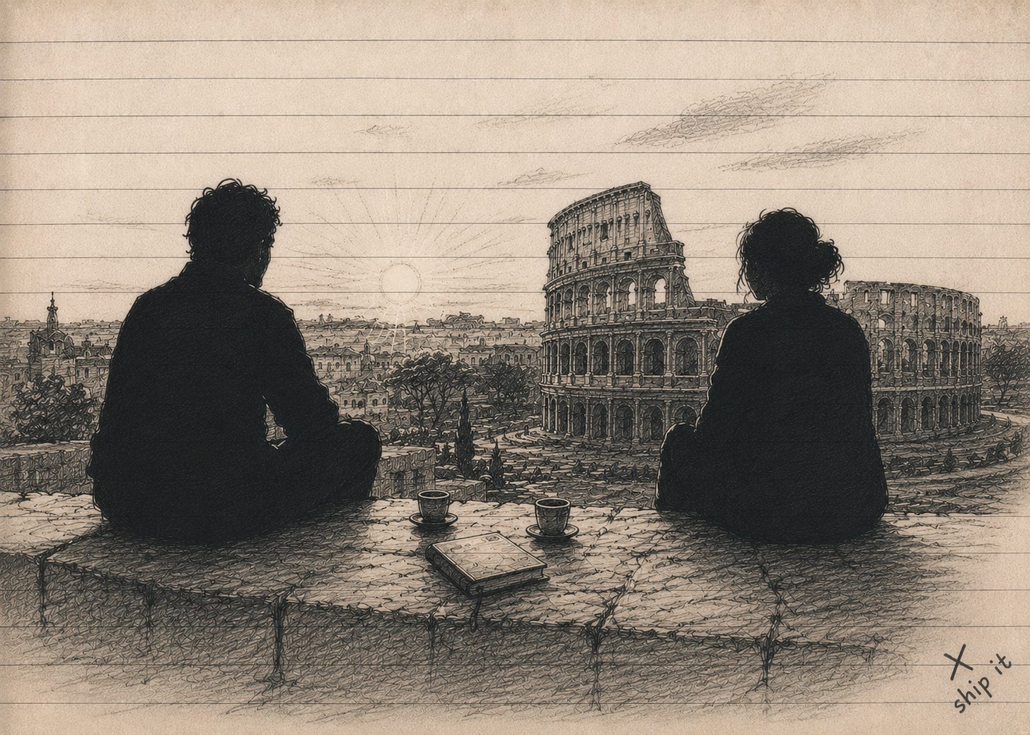 Black-and-white pencil sketch on ruled notebook paper showing a husband and wife sitting together on a stone overlook above Rome at sunrise, facing the Colosseum in the distance. Two espresso cups and a small notebook rest between them on the stone ledge. The scene is drawn in a hand-sketched graphite style with a tilted “ship it” signature in the corner.
