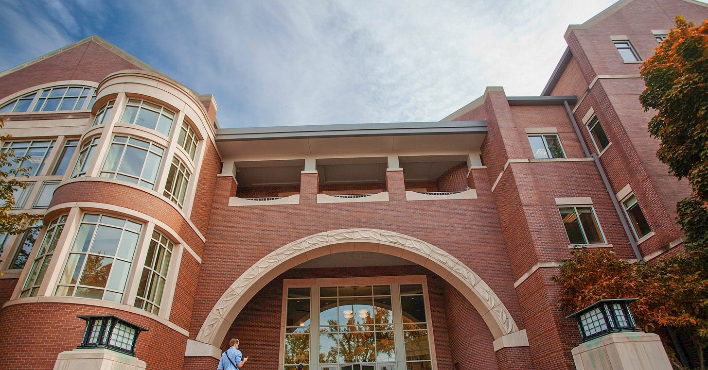 The entrance to the University of Oregon School of Law in Eugene.
