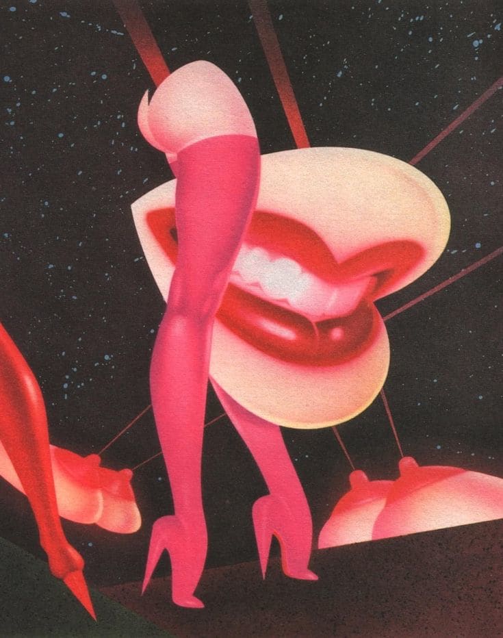 This may contain: an image of a woman in high heels with her mouth open and lips painted pink