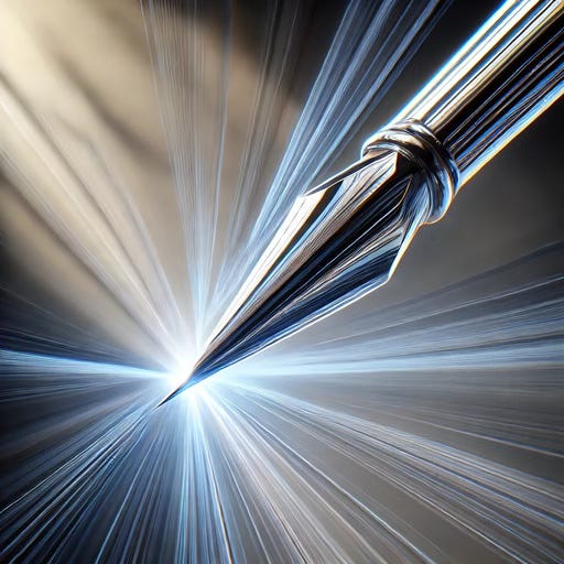 GPT-4o: The image shows a close-up view of a sharp, metallic, needle-like object, appearing to emit bright rays of light from its tip. The surface of the object is highly polished, reflecting light in various directions. The object seems to be in motion or creating an intense burst of energy, as indicated by the dynamic lines radiating outward from the tip. The background is dark, contrasting with the bright illumination from the focal point, enhancing the sense of power or impact. This gives the object a high-tech, futuristic, or weaponized appearance.