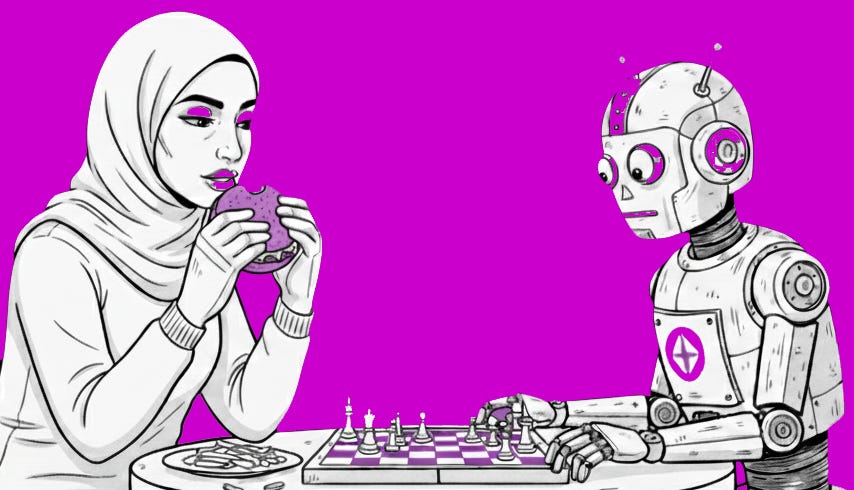 A woman wearing a hijab and eating a burger plays chess iwth a robot. Co-create with Gemini Nano Banana AI
