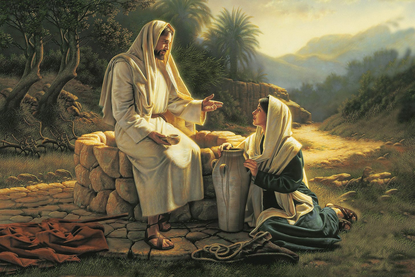 Elegance Jesus Christ Talks with a Samaritan woman at the Well Painting Christian  art painting for living room, home décor gifts Painting size- 36 length x  24 height inch – Painting Shop
