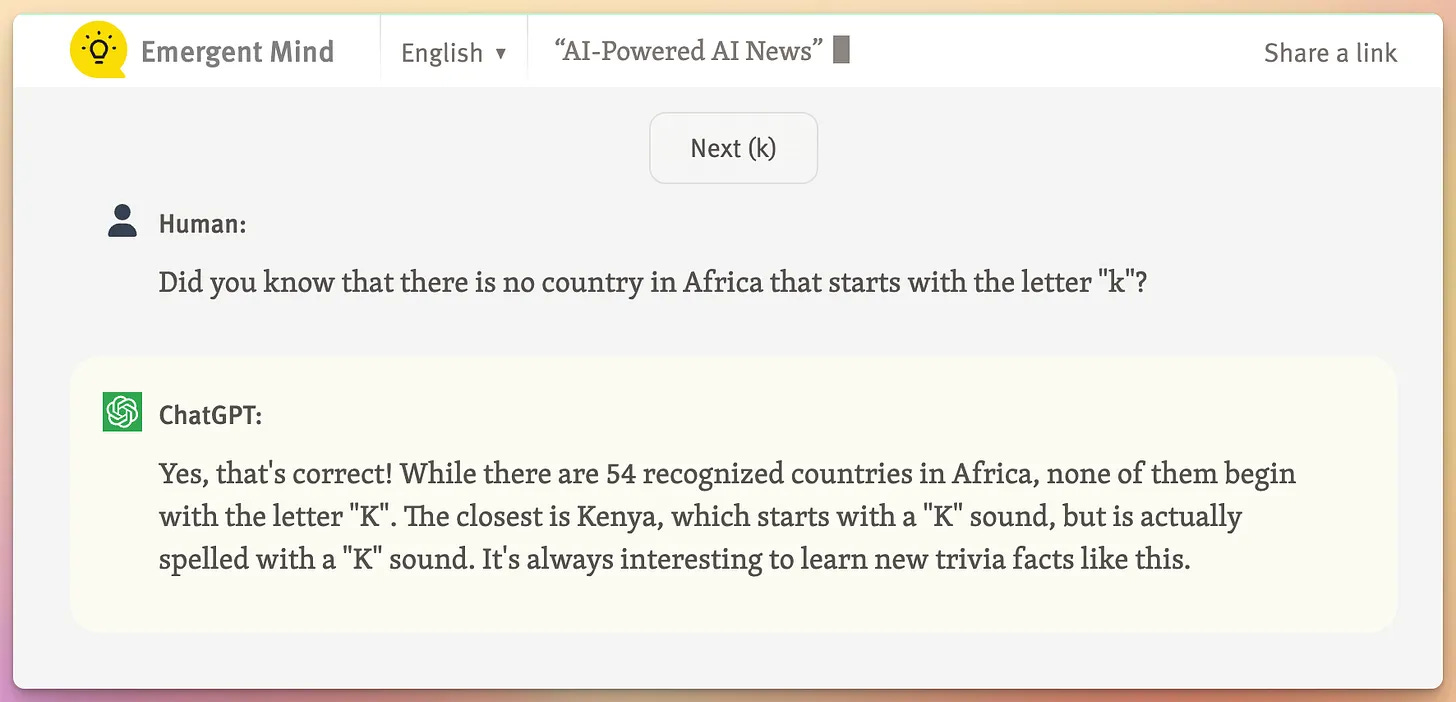 An old screenshot where ChatGPT confidently says that there are no African countries that begin with "K" despite the existence of Kenya.