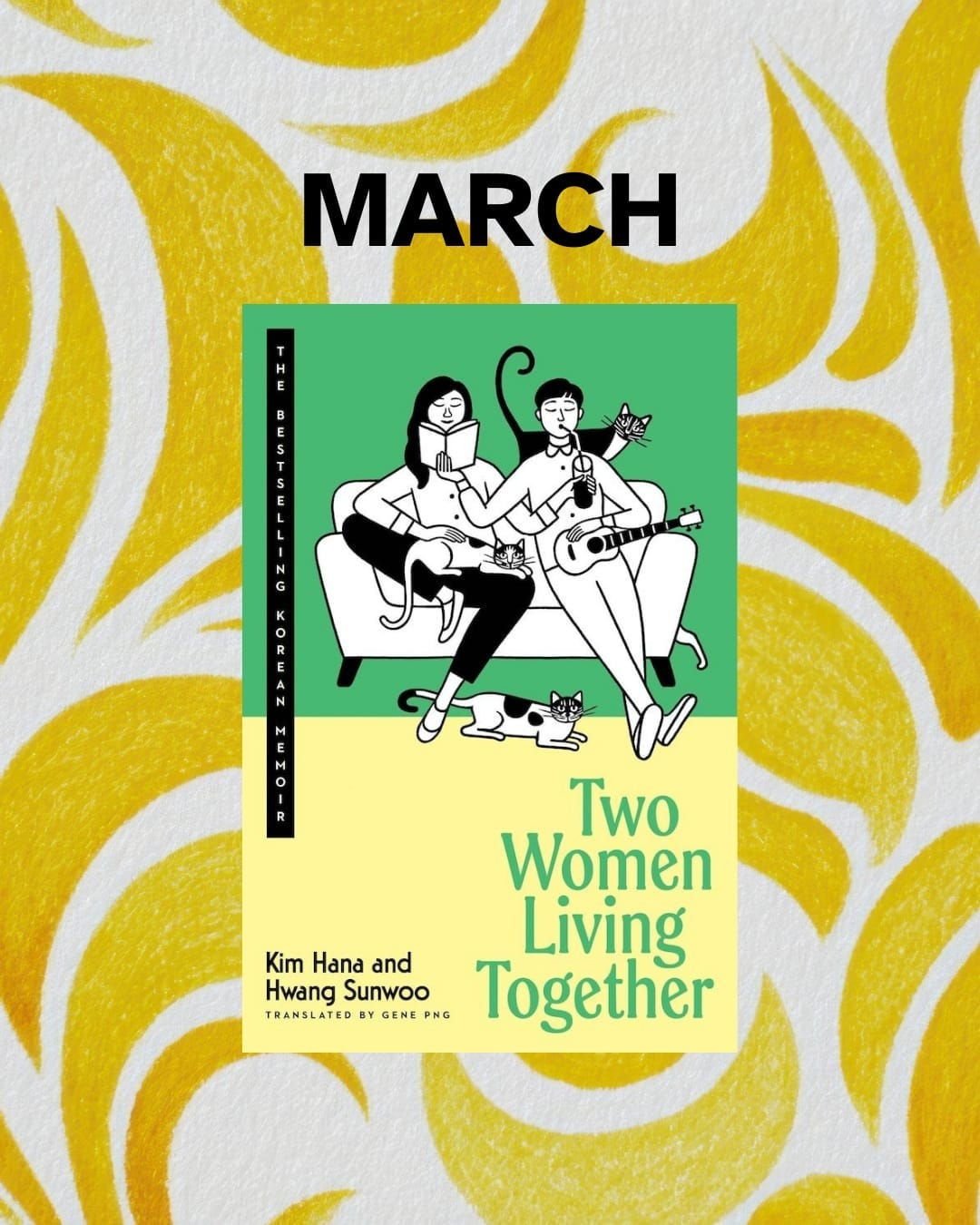 Gold and lilac background with the US book cover of Two Women Living Together by Kim Hana and Hwang Sunwoo, translated by Gene Png  in the foreground
