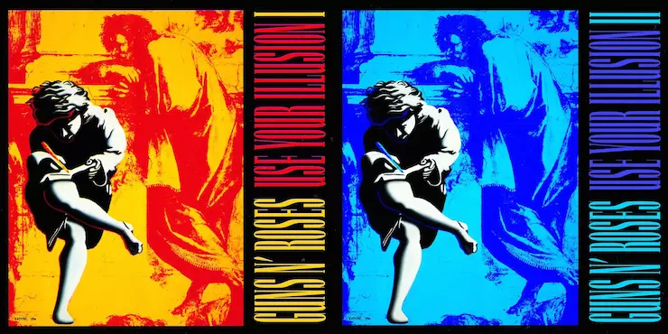 A combined image of the "Use Your Illusion I" and "Use Your Illusion II" album covers by Guns N' Roses, showcasing contrasting red, yellow, and blue tones with a stylized figure of a man sitting and writing.