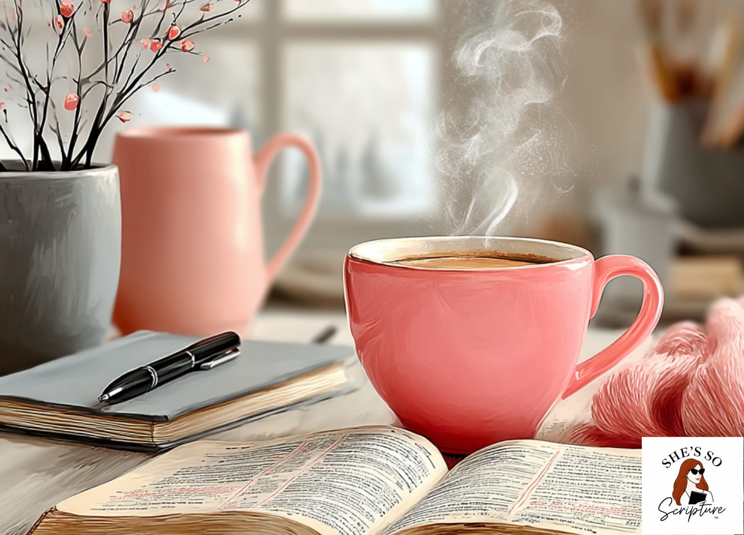An open Bible and steaming coffee mug on a desk in soft winter light, creating a calm and steady devotional moment.
