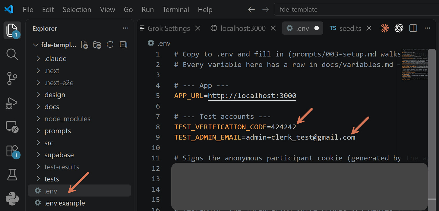 Configure test user secrets in VS Code .env file