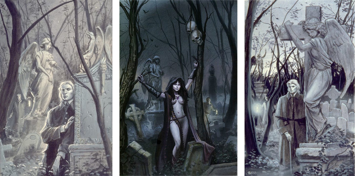 Three tonal preliminary concepts each featuring an angelic sculpture in a graveyard. LEFT: A white haired man in tweed overcoat peeks out from behind a gravestone. His right hand, crossing his body, parts from the stone as if gently breaking contact. Beside an angel statue in the background stands a man raising a lantern. CENTER: A raven haired woman wearing only a cloak and elbow length gloves poses with arms brace on the bare branches of trees that frame her. Her hood is up and her robe spreads to reveal her figure. A pair of skulls are set high in the tree. A man bearing a lantern peers at her in surprise from the graveyard background. RIGHT:  A tall angel hugging a cross fills half the frame as a white haired man with tweed overcoat and cane stands at knee height. Among the bare trees behind him stands a man with a lantern raised.
