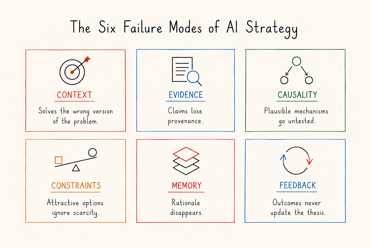 Six structural AI strategy failure modes: missing strategic context, lost evidence, implicit causality, ignored constraints, lost decision memory and broken feedback.