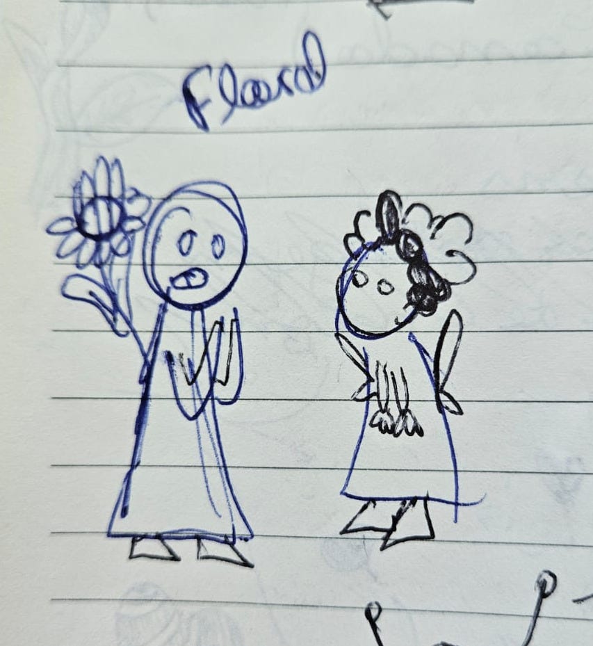 desenho simples de caneta bic em folha pautada. pessoa pequenina com uma flor nas costas, outra pessoinha olhando para aquilo. Lê-se rabiscado em cima "Floral"