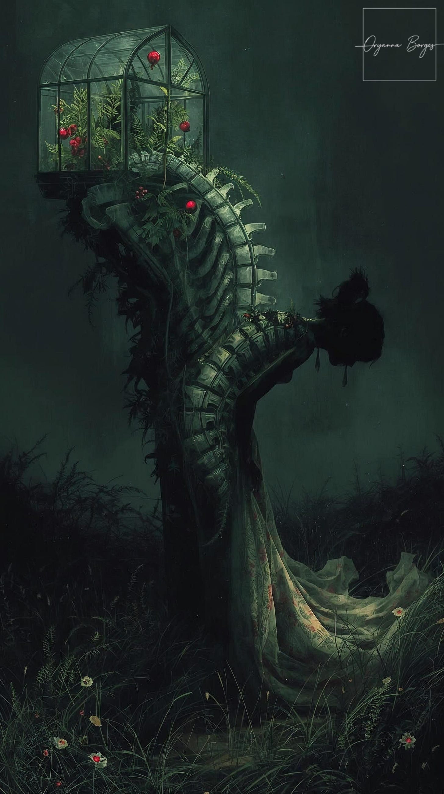 Representação visual do cotejo entre os poemas Rejeição e Despertar: uma mulher com coluna de vidro vitoriana e interior de samambaias e romãs.