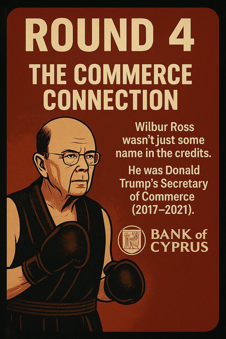 Fight-poster style illustration titled The Fertilizer Divorce. Vintage boxing aesthetics highlight Wilbur Ross, Trumpâs Commerce Secretary, with references to the Bank of Cyprus and Russian oligarch money laundering. Design mimics a cage match promo.