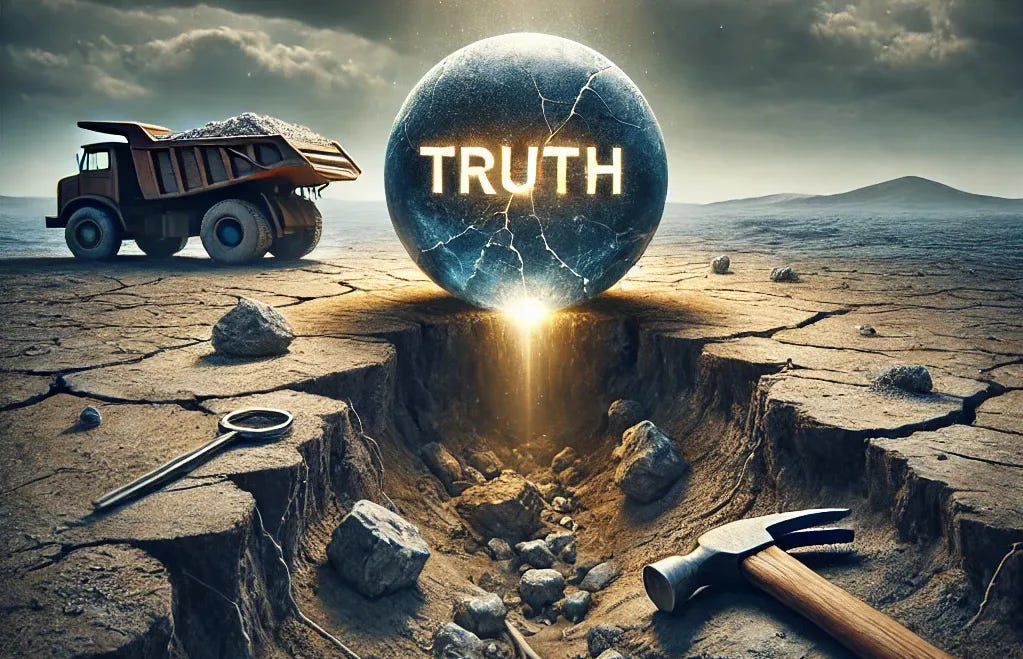 An abstract visual representation of 'truth as a scarce resource'. The image features a cracked, glowing orb symbolizing 'truth', placed in a barren, dry landscape with mining tools scattered around, giving the sense that 'truth' is being extracted like a raw material. The sky above is filled with dark clouds, indicating uncertainty, and the ground has deep cracks, representing the scarcity. The glow of the orb is faint, as if it is running out. The overall mood is surreal and thought-provoking, conveying the idea of truth being manipulated and depleted like a finite resource. An abstract visual representation of 'truth as a scarce resource'. The image features a cracked, glowing orb symbolizing 'truth', placed in a barren, dry landscape with mining tools scattered around, giving the sense that 'truth' is being extracted like a raw material. The sky above is filled with dark clouds, indicating uncertainty, and the ground has deep cracks, representing the scarcity. The glow of the orb is faint, as if it is running out. The overall mood is surreal and thought-provoking, conveying the idea of truth being manipulated and depleted like a finite resource.