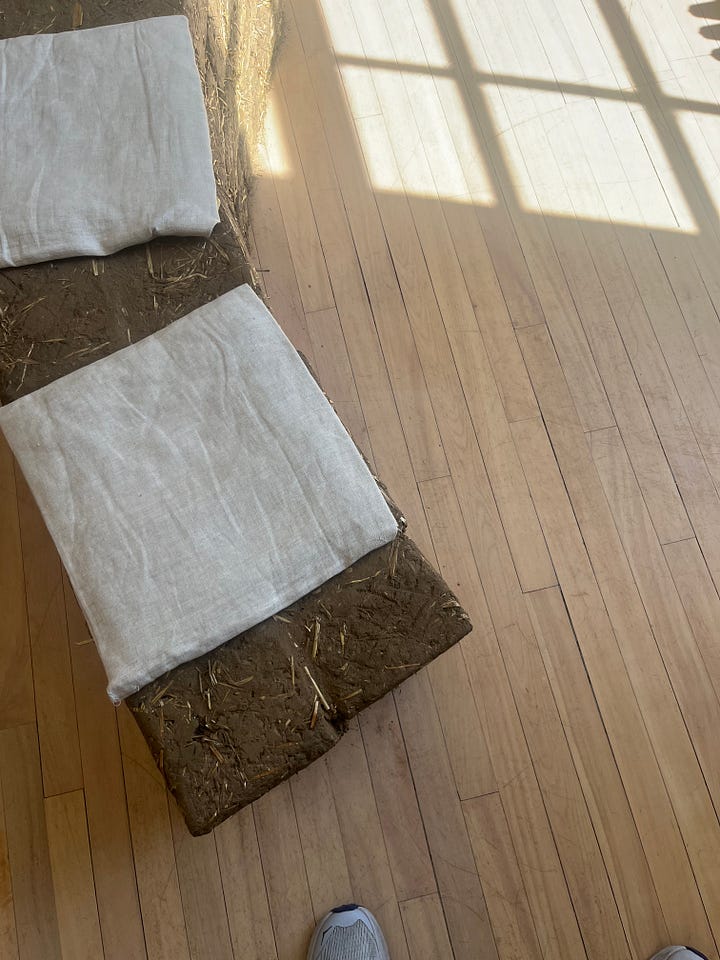 1. Kevin Andrew Morris -- Field Work / wild clay and wood farm tools; 2. Kelly Murray -- Unearthed / earth, straw, crushed ceramics, sand, wallpaper paster and fabric bench seat with cushions.