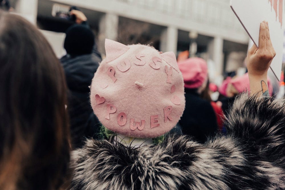 selective focus photography of person wearing pink fleece Pussy Power cap raising right hand selective focus photography of person wearing pink fleece Pussy Power cap raising right hand