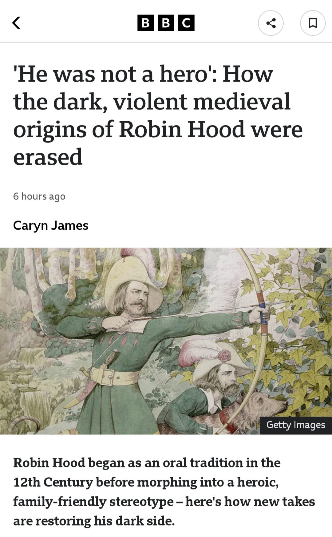 Screenshot of BBC article on the medieval Robin Hood, featuring an image of Robin shooting a bow.