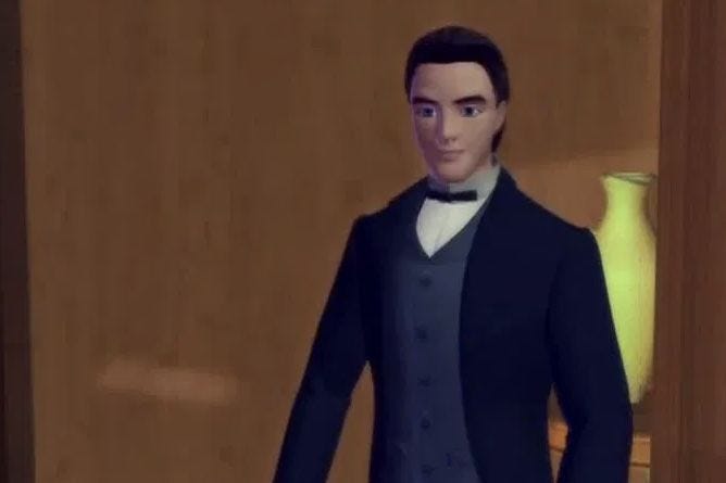 This may contain: a man in a suit and bow tie standing next to a vase This may contain: a man in a suit and bow tie standing next to a vase