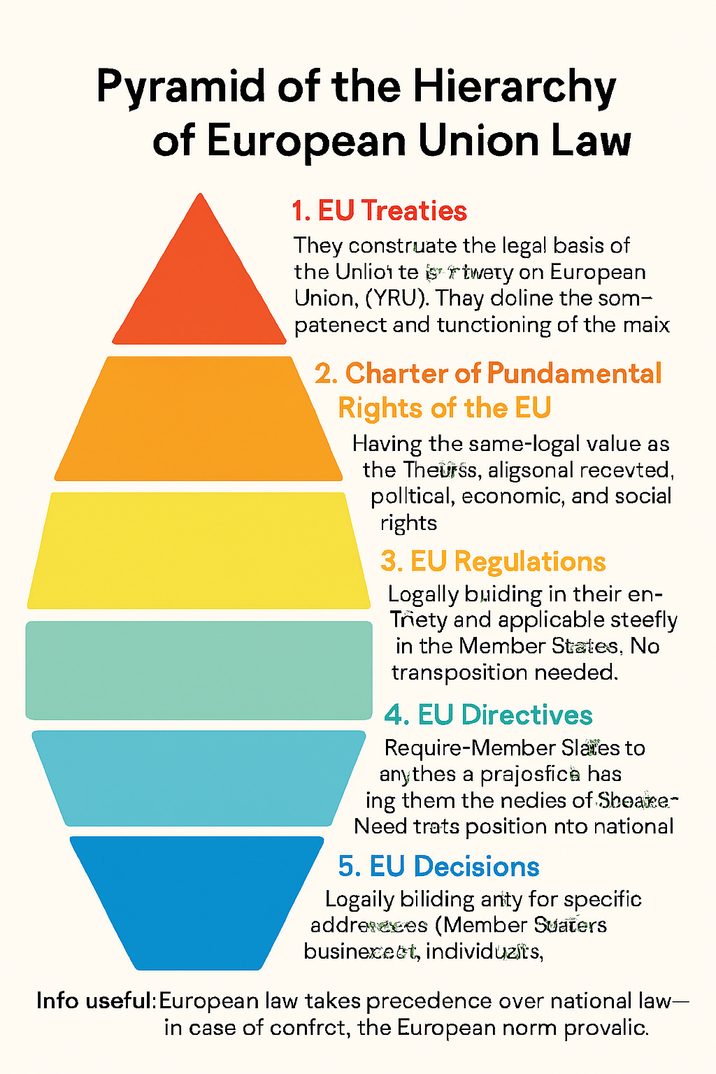 An infographic made with Copilot with a perfect pyramid illustrating the hierarchy of law in the EU legal system but with a totally failed text.