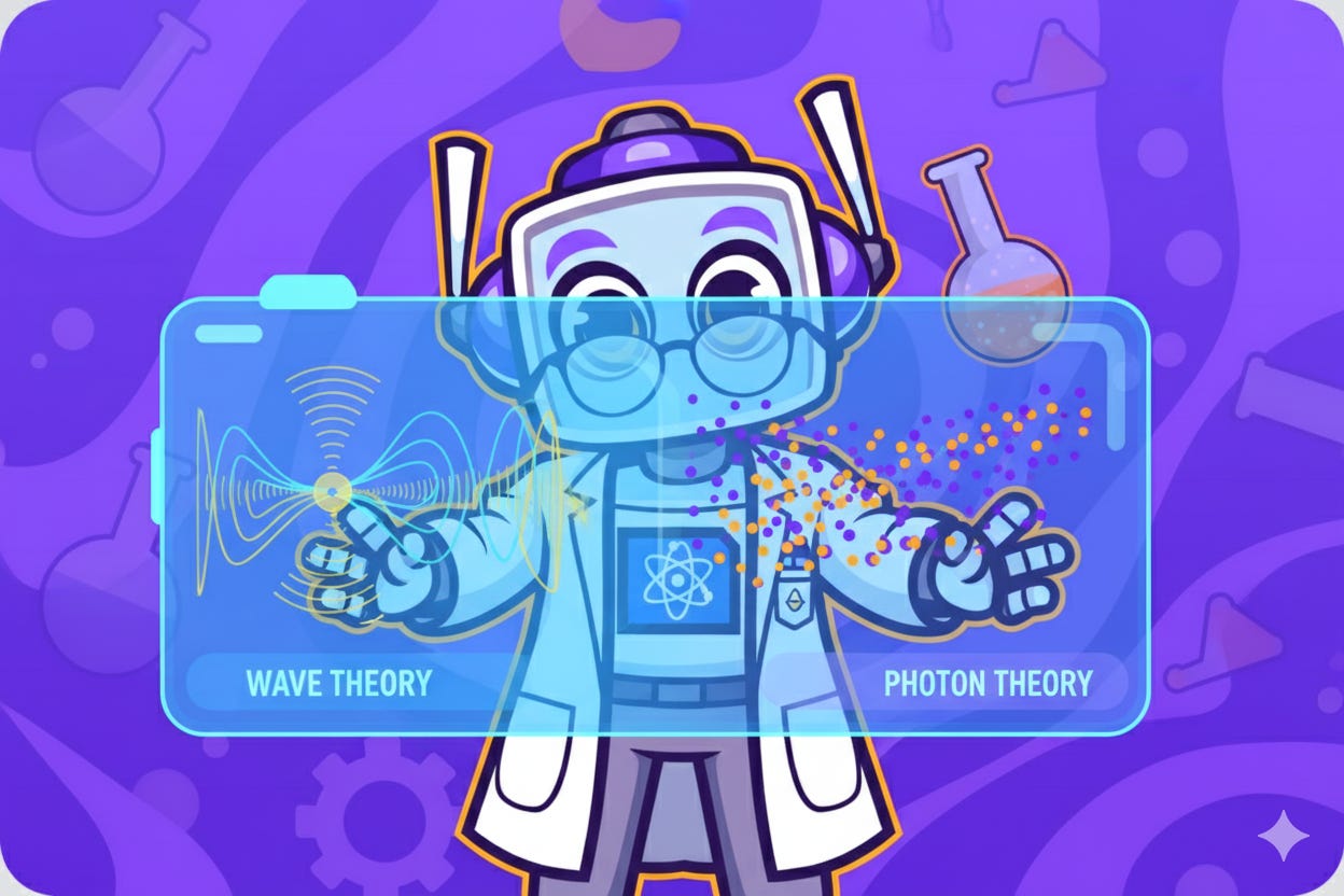 Neuralbuddy character displaying a holographic comparison of wave theory and photon theory predictions with colorful particles and waves emanating from its hands